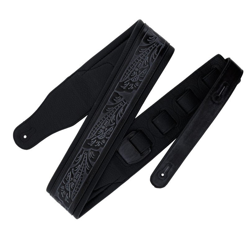 Profile Leather Padded Strap with Tooled Hibiscus Flower Pattern Black PGS-GL-6200-BK