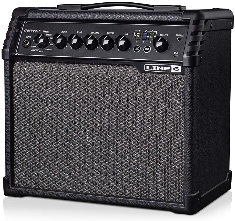 Line 6 Spider V 20 MkII Electric Guitar Amplifier, black in color, with a textured finish and control knobs on the front panel.