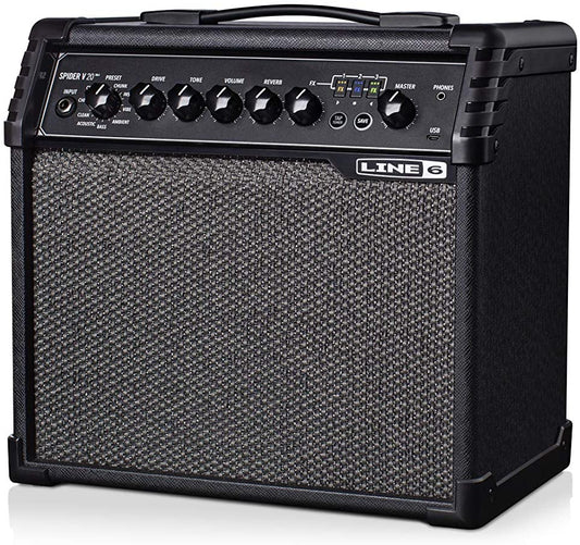 Line 6 Spider V 20 MkII Electric Guitar Amplifier, black in color, with a textured finish and control knobs on the front panel.