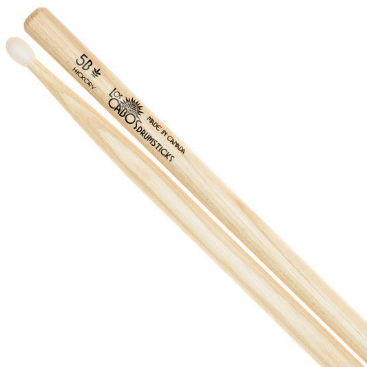 Los Cabos 5B Nylon Tip Hickory Drum Sticks Made In Canada - Pair LCD5BHN