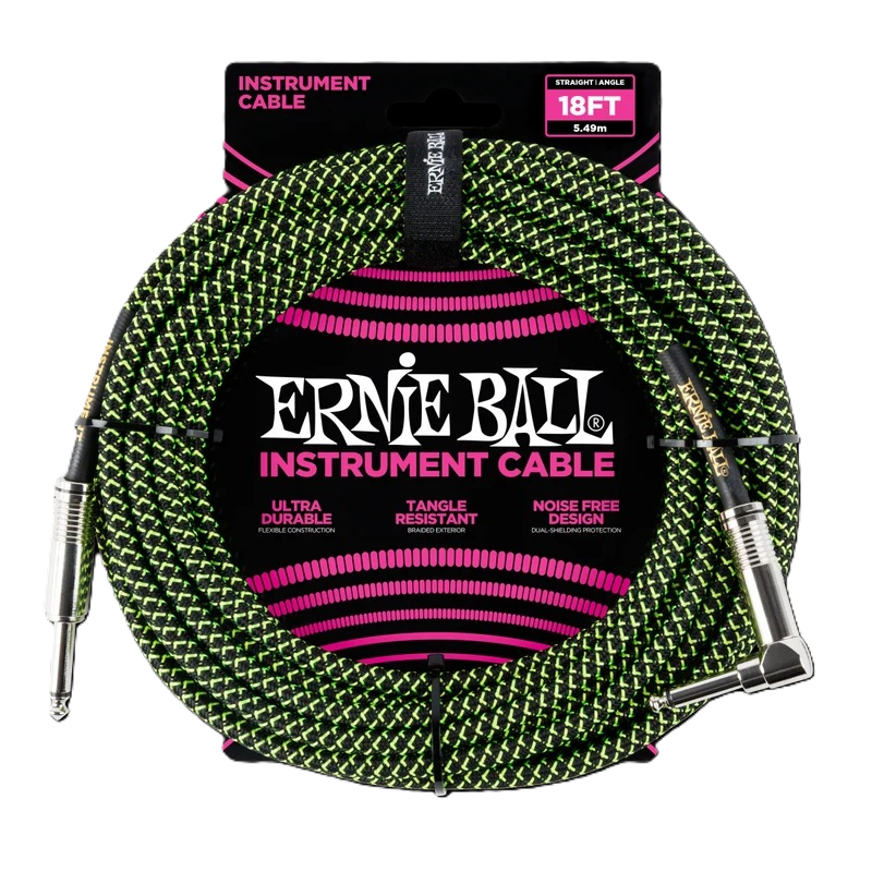 Ernie Ball 18' Straight/Angle Braided Cable - Black/Green 6082EB