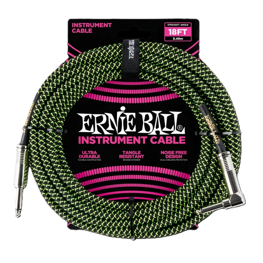 Ernie Ball 18' Straight/Angle Braided Cable - Black/Green 6082EB