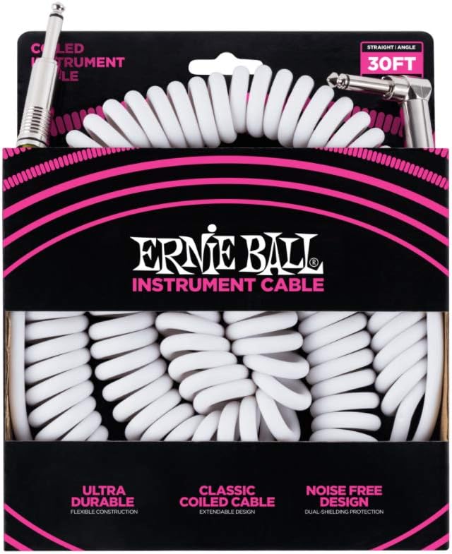 Ernie Ball 30' Coiled Straight/Angle Instrument Cable - White 6045EB