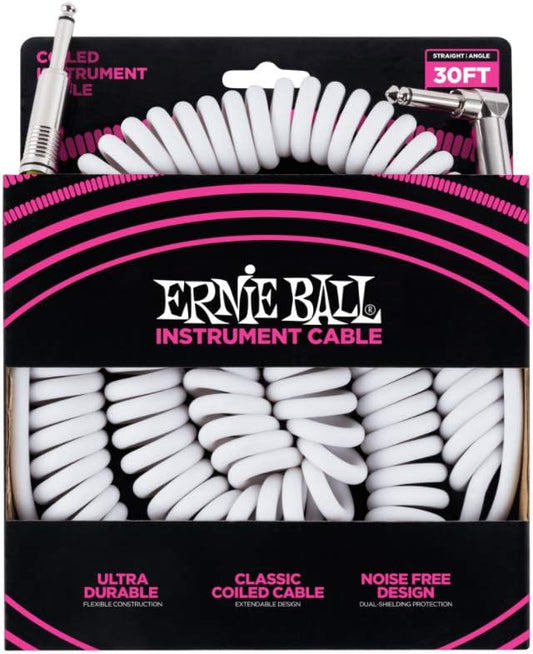 Ernie Ball 30' Coiled Straight/Angle Instrument Cable - White 6045EB