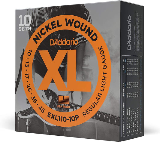 D'Addario EXL110-10P Nickel Wound Electric Guitar Strings, Regular Light, 10-46 10 Pack