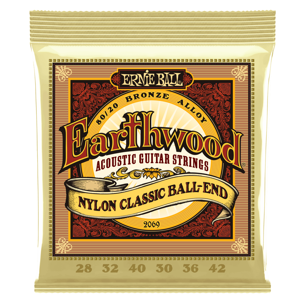 Ernie Ball Earthwood Folk Nylon, Clear & Gold Ball End, 80/20 Bronze Acoustic Guitar Strings 2069EB