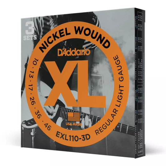 D'Addario EXL110-3D Nickel Wound Electric Guitar Strings, Regular Light, 10-46 3 Pack