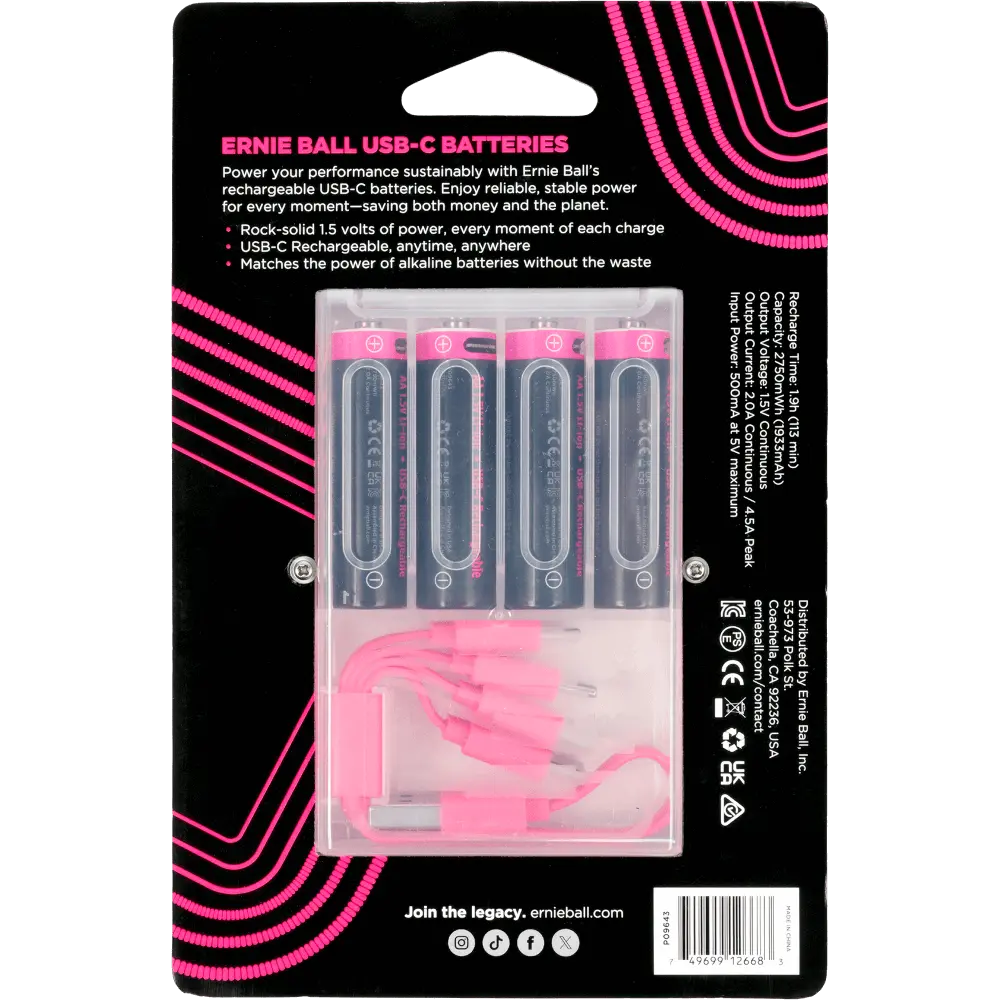 Ernie Ball USB-C Rechargeable AA Battery by Paleblue (4 Pack)