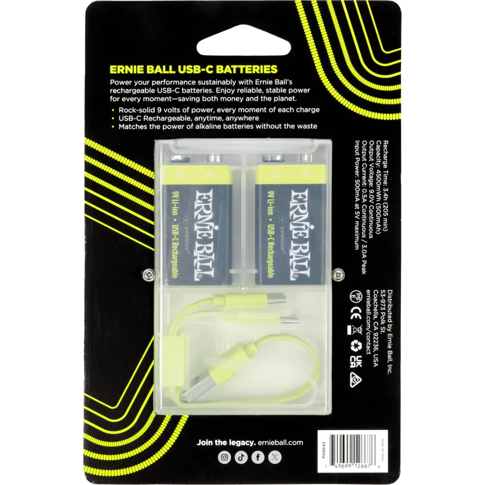 Ernie Ball USB-C Rechargeable 9v Battery by Paleblue (2 Pack)