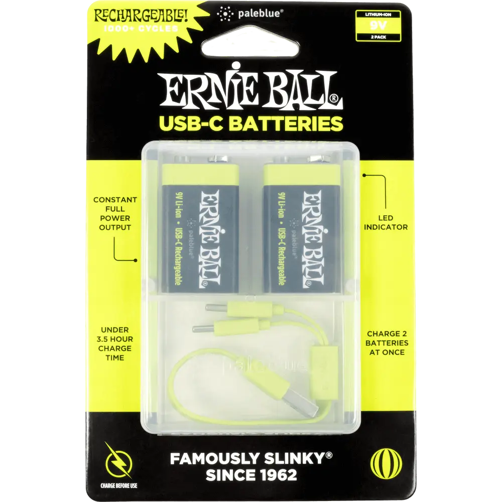 Ernie Ball USB-C Rechargeable 9v Battery by Paleblue (2 Pack)