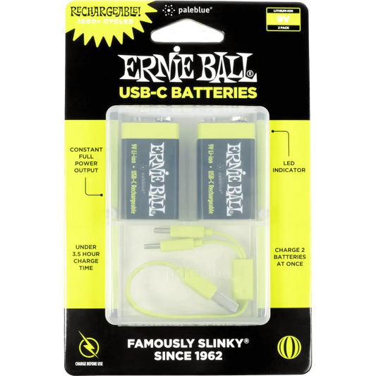 Ernie Ball USB-C Rechargeable 9v Battery by Paleblue (2 Pack)
